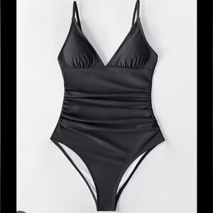 Black Shirring V Neck One Piece